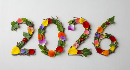 2026 numbers formed by delicate twigs and vibrant flower petals, each digit outlined with slender brown twigs and filled with array of colorful petals in red, orange, yellow, pink, purple, green, set on clean white background, flat layの素材