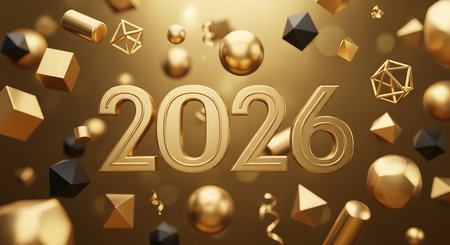 Luxurious golden 2026 numbers stand out amidst a rich gold background adorned with an array of shimmering geometric shapes including spheres cubes and polyhedra complemented by festive bokeh lights creating an opulent and celebratory atmosphere for new yearの素材