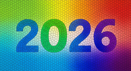 Colorful 2026 year numbers are presented in an abstract stained glass mosaic style, showcasing a full spectrum of vibrant rainbow colors. Each number transitions smoothly through different hues against a gradient background, creating a visually engaging and artistic representation.の素材