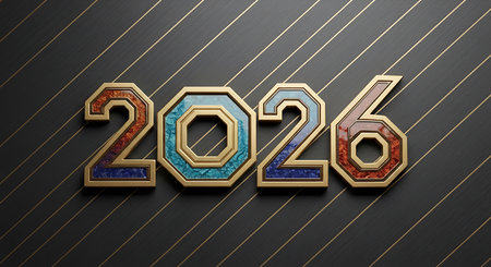 Elegant 2026 year number design features golden framed digits with textured fills in orange, blue, and red on a dark background. Sophisticated 3D rendering with linear patterns, offering stylish graphic representation for future events and celebrations.の素材