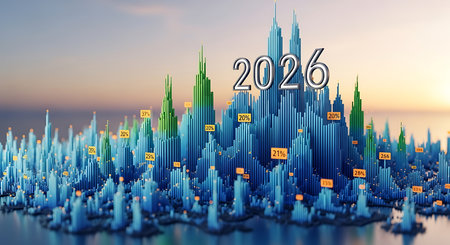 Silver metallic numbers 2026 are positioned above an intricate cityscape, formed by numerous blue and green bar charts and data visualizations, depicting economic growth, statistical trends, and urban development against a beautiful sunset skyの素材
