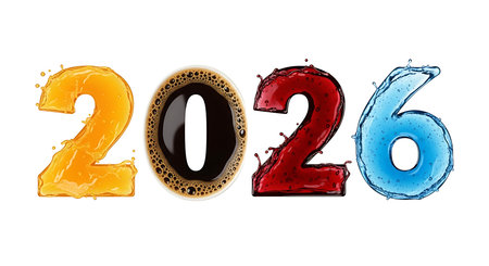 Numbers 2026 are uniquely designed with varied liquid forms. The '2' is vibrant orange juice, '0' is dark coffee, '2' is red liquid splash, and '6' is refreshing blue water splash. Each number captures dynamic movement.の素材