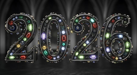 Lavish numbers 2026 are meticulously adorned with an array of vibrant, multi-colored jewels and sparkling diamonds, set against a dark, sophisticated backdrop, perfect for symbolizing luxury, elegance, and opulent celebrations for the upcoming year or significant eventの素材