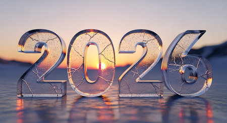 Ice block numbers 2026 on reflective surface. Sunset colors reflecting in cracked ice. Mountains in background complete the scenic view. New year celebration with cold elements. Clear water ice creation. Natural setting for date display. Future year concept. Environmental theme of melting ice. Fragile beginning of year. Cold landscape. Beautiful natural light. Sunrise or sunset. Ice texture detail. Reflection on water. Concept of time passing. Winter season.の素材
