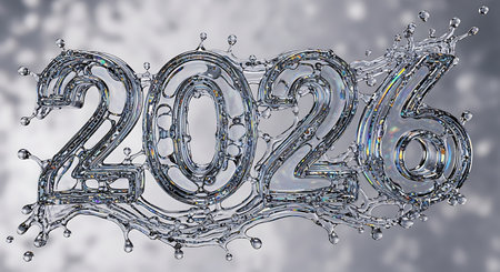 2026 year made from clear water with dynamic splashes and reflective surfaces on a bright blurred backdrop. creative liquid numbers represent fluidity and new beginnings for upcoming year celebrations or significant events.の素材