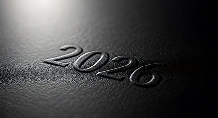 2026 number is intricately embossed on a sleek black leather surface. Soft light grazes the texture, highlighting the elegant contours and sophisticated finish. This subtle detail symbolizes the arrival of a new year, representing planning, future, and timeless design.の素材