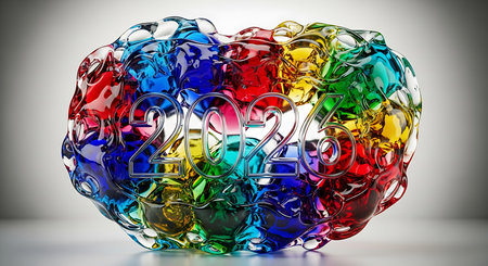 2026 numbers embedded in colorful abstract glass blob. Vibrant spectrum of reflected light. Dynamic shapes within clear material. Artistic representation of year. Modern innovative design concept. Bright visual.の素材