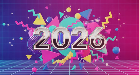 2026 numbers in polished chrome finish, prominently displayed against energetic background featuring abstract geometric shapes such as triangles, circles, and squiggles in neon pink, blue, yellow, and green, set on grid pattern floor with gradient lightingの素材