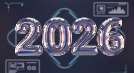 Futuristic shiny holographic three dimensional inflated numbers spell out year 2026, set against a dark tech-inspired abstract background. Numbers have a soft, fluid shape with iridescent reflections, creating a modern and ethereal look. Background features subtle glowing lines and geometric shapes, enhancing technical and innovative feel.の素材