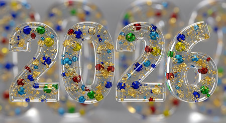 Transparent three dimensional numbers spell out year 2026, filled with colorful confetti and glittering gold flakes. Numbers appear to float, with a subtle blur effect on background numbers. This image conveys a sense of celebration, joy, and upcoming festivities, suitable for new year greetings or event promotions.の素材