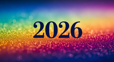 Year 2026 in elegant navy blue font. Sparkling rainbow glitter background with bokeh lights. Suitable for festive celebrations. Shiny glowing particles for new year. Glittering surface beneath digits. Joyful occasion design.の素材