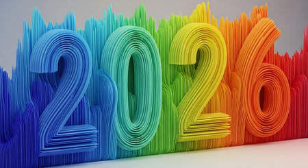 Colorful layered 2026 numbers; dynamic rainbow background; vibrant texture designの素材