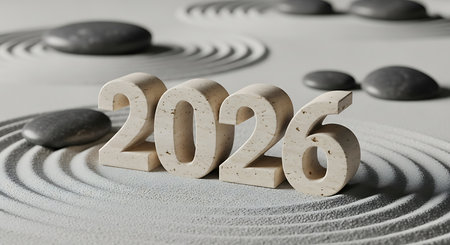 Year 2026 numbers; natural stone texture; zen garden; raked sand; river stonesの素材