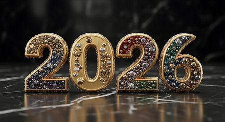 Luxurious 2026 display with gemstones; shimmering gold numbers; elegant marble backgroundの素材