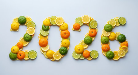 Year 2026 numbers; fresh citrus slices; lemons, limes, oranges; white background; healthyの素材
