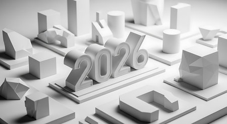 Minimalist 2026 numbers; abstract architectural forms; geometric blocks; clean white backgroundの素材