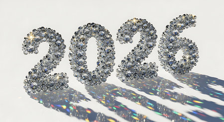 Sparkling 2026 digits; brilliant cut diamonds; colorful refractions; white surface; luxury conceptの素材