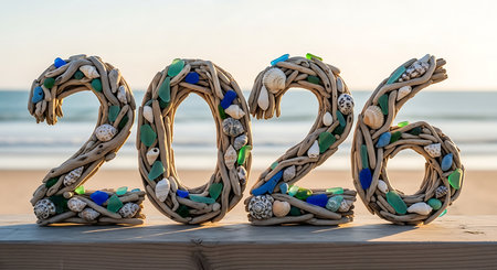 Natural beach art 2026 numbers; driftwood, sea glass, seashells; wooden board; ocean sunsetの素材