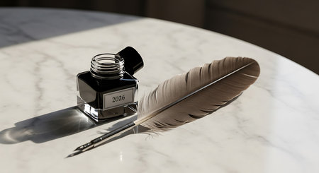 Feather quill and inkwell; 2026 label; white marble table; natural lightの素材