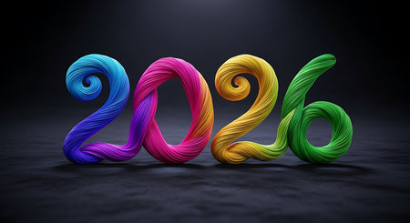 Playful twisted 2026 numbers; vibrant ropes; colorful textured designの素材