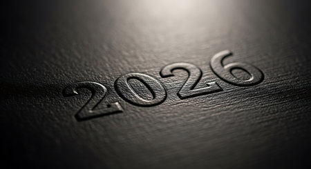 Embossed 2026 on dark texture; subtle light, deep shadows; elegant, minimalist designの素材