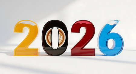 Artistic 2026 numbers, varied liquids; coffee, juice, syrup, water; clean backgroundの素材