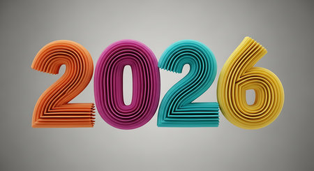 Colorful 3D 2026 numbers. Layered textures. Modern graphic design.の素材
