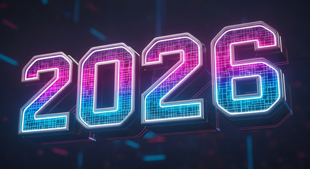 futuristic 2026 design; glowing numbers; digital technology; neon lights; innovation; modernの素材