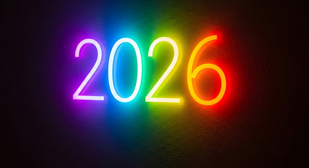 Bright neon sign 2026; vibrant rainbow gradient; modern celebrationの素材