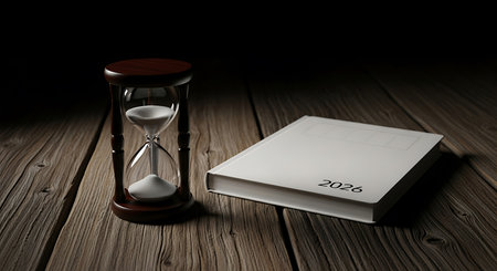 Hourglass 2026 journal. Rustic wooden table. Time passing and future plans.の素材
