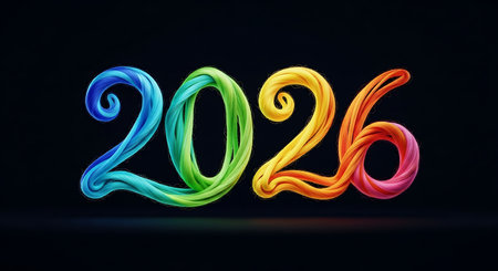 Intertwined ropes form 2026; vibrant gradient colors; dark backgroundの素材