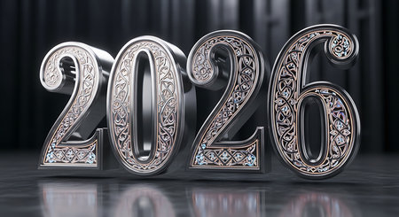 Year 2026 numbers; luxurious silver; intricate Celtic knot patterns; dark backgroundの素材