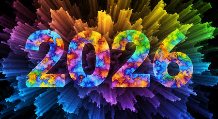 Vibrant 2026 numbers; psychedelic tie-dye pattern; colorful abstract shapes; energetic burstの素材