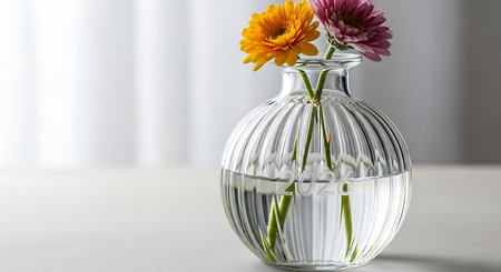 Vase with two vibrant gerbera flowers; 2026 inscription in waterの素材
