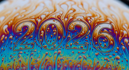 2026 on iridescent soap bubble; colorful liquid surface with abstract patternsの素材