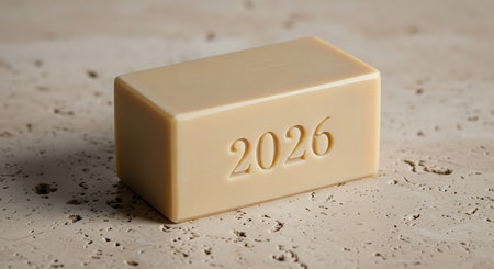 Bar of light brown soap with 2026 embossed; soap on stone surfaceの素材