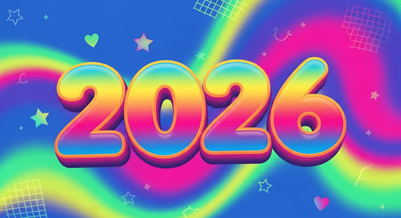 Vibrant 2026 numbers; playful rainbow gradient; dynamic abstract background; modern designの素材