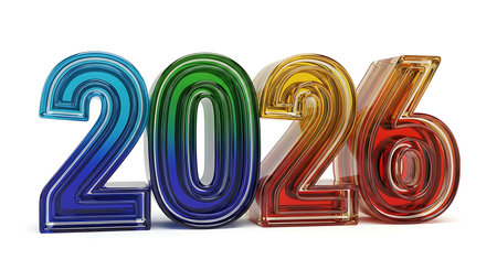 Glass 2026 numbers; colorful translucent texture; blue green yellow red gradient; white backgroundの素材