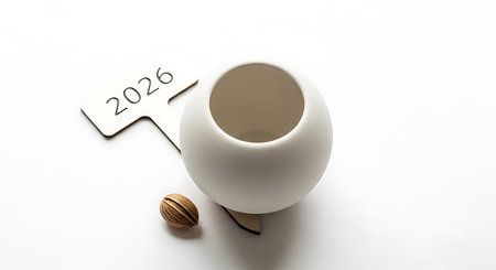 Simple white vase; natural seed; 2026 sign; minimalist composition; ample copy spaceの素材