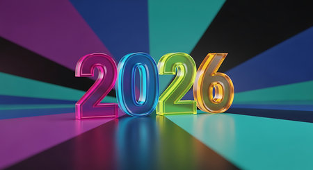 Neon colored transparent 3D 2026 numbers; dynamic radial background; colorful surface.の素材