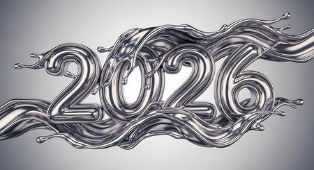 Dynamic chrome 2026 numbers; fluid metallic splash; abstract, energetic visualの素材