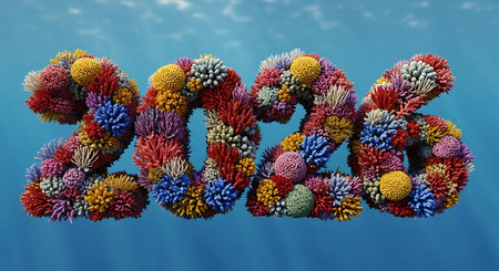 2026 numbers composed of vibrant coral and marine life underwater sceneの素材