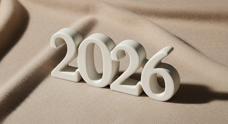 Sleek, white 3D numbers forming 2026 are gracefully positioned on a soft beige fabric. The composition highlights minimalist design and subtle textures. The gentle shadows cast by the numbers add depth and a sophisticated feel. This image evokes serenity, quality, and modern elegance. A clean, fresh and inviting aesthetic.の素材