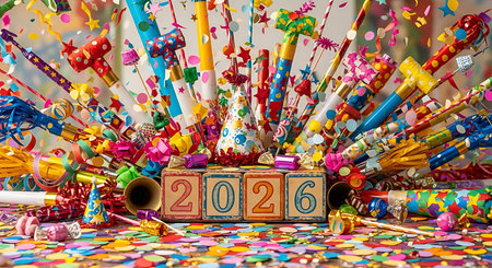 Bright and festive 2026 celebration scene featuring a variety of colorful party poppers, streamers, confetti, and noisemakers. Wooden blocks spell out 2026, surrounded by vibrant decorations on a confetti-strewn surface. This lively image captures the excitement of new year celebrations and joyful gatherings.の素材