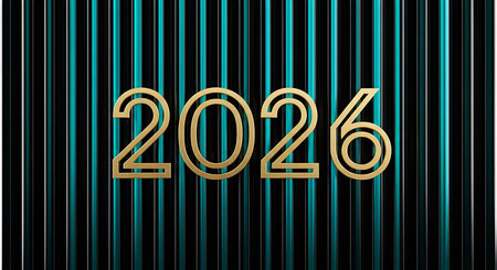 2026 year gold number. elegant design for upcoming new year or anniversary event. modern typography on a striking black background with contrasting teal vertical stripes. ideal for calendars, banners, and digital promotions.の素材