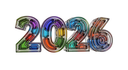 Transparent 2026 numbers filled with a multitude of colorful, glossy capsules, resembling candies or beads. Each number features a clear outer shell, allowing the vibrant contents to show through. Playful and modern design against a clean white background, creating an eye-catching visual.の素材