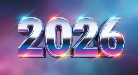 Sleek chrome numbers forming 2026, highlighted with a vibrant, colorful glow in shades of pink, blue, and purple. The metallic digits stand out against a dramatic gradient background, creating a high-tech and dynamic look. Excellent for new year themes, technology branding, or contemporary marketing visuals.の素材