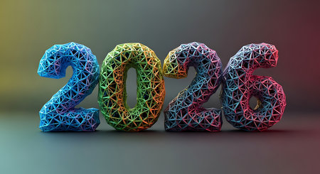 2026 number design features a unique geometric grid texture in a vibrant mix of blue, green, and red hues. Each digit is intricately rendered in three dimensions, creating a contemporary and abstract look. The polygonal structure gives a sense of depth and modernity, highlighted by soft, diffused lighting. This artistic representation of the year 2026 combines digital craftsmanship with a colorful aesthetic, making it suitable for various design applications.の素材
