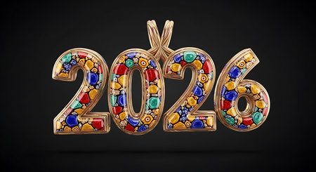 2026 year colorful number. vibrant, textured numerals filled with various brightly colored glass-like beads. ideal for lively new year celebrations, festive greetings, or cheerful anniversary designs. stands out on a dark background.の素材