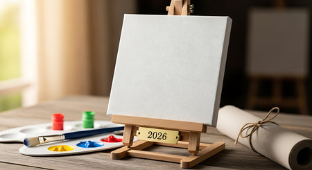 Clean white canvas displayed on a miniature wooden easel, featuring a small brass plate engraved with 2026. A painter's palette with vibrant red, blue, and yellow paints and a brush rests beside it. In background, a rolled-up scroll and subtle natural light streaming through a window. Represents new beginnings, creativity, and future projects.の素材
